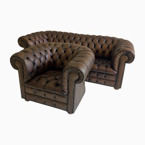 Handmade Chesterfield Set in Aniline Leather, 1960s, Set of 2