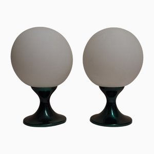 Vintage Bedside Lamps with Green Aluminum Base and Opaque White Glass Shade, 1970s, Set of 2