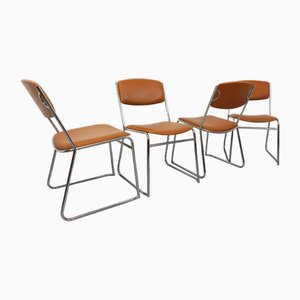 Vintage Sled Chairs in Chrome Metal and Cognac Leatherette, 1970s, Set of 4