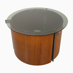 Runder Italienischer Vintage Couchtisch mit Lenkstange auf Rollen aus gebogenem Teak, Aluminiumguss & Rauchglas von Eugenio Gerli für Tecno, 1960er
