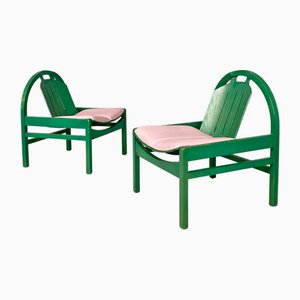 Set of French Modern Argos Armchairs in Pink Leather and Green Wood by Baumann, 1970s