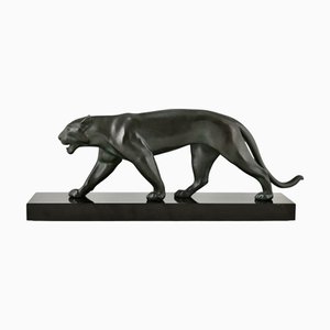 Max Le Verrier, Scultura Art Deco della pantera dell'Uganda, 1930, metallo su base in marmo