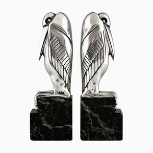 Art Deco Silvered Bronze Marabou Stork Bookends by Marcel André Bouraine, France, 1925, Set of 2