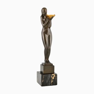 F. Guiraud, Art Deco Cubist Sculpture of Nude with Tray, 1925, Bronze on Marble Base