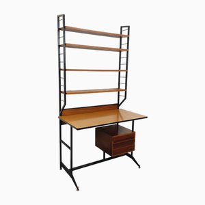 Italian Modernist Desk with Integrated Modular String Shelf Bookcase in Teak, Metal and Melamine, 1960s