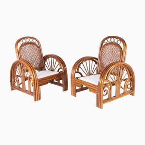 Rattan and Cane Armchairs, 1970s, Set of 2