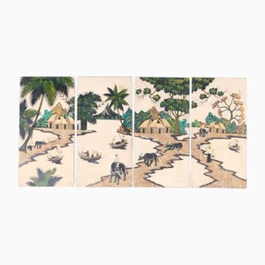 Paneles de pared de madera pintada, años 70. Juego de 4