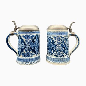 Antique Hand-Painted Beer Mugs with Pewter Lids from Royal Delft, 1920, Set of 2