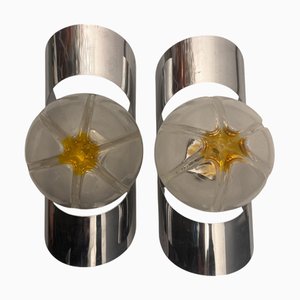 Applique in metallo cromato e vetro di Murano di Mazzega, anni '70, set di 2