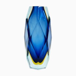 Large Mid-Century Modern Blue, Yellow and Clear Faceted Honeycomb Sommerso Murano Glass Vase attributed to Alessandro Mandruzzato, 1970s