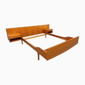 Vintage Scandinavian-Style Double Bed in Teak by Designers Tricoire and Vecchione for the Meubles Tv Paris Brand from the 1960s with Integrated Bedside Tables