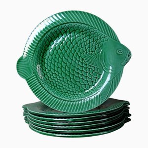 Assiettes Plates en Barbotine Poisson Vert de Sarreguemines, Set de 7