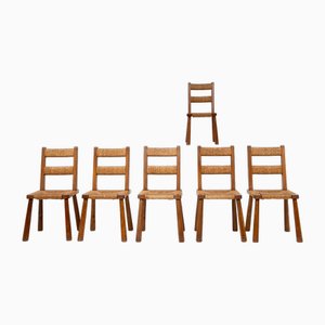 Chaises en Orme et Paille dans le style Perriand, 1950s, Set de 6