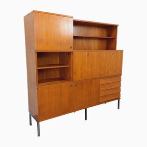 Libreria vintage modernista in metallo e teak di Louis Paolozzi per Monopoly, anni '60