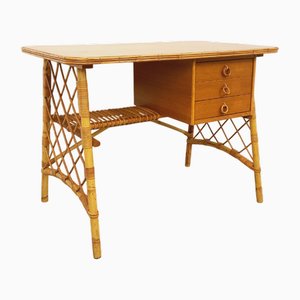 Vintage Desk in Rattan and Wood by Louis Sognot, 1960s
