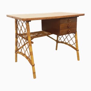 Vintage Schreibtisch aus Rattan & Holz von Louis Sognot, 1960er