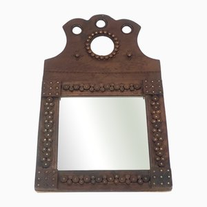 Miroir Folk Art avec Cadre en Cuir, Hongrie, 1960s