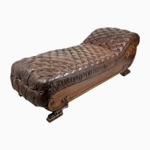 Chaise longue francesa antigua grande con mechones de cuero marrón, siglo XIX