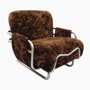 Vintage Italian Space Age Chrome Metal and Velvet Armchair in the style of Ernesto Radaelli, 1970s