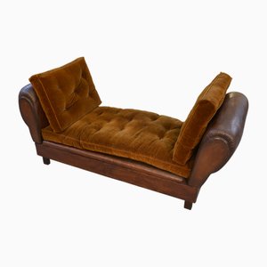 Leather Convertible Club Bench with Velvet Seats, 1920s