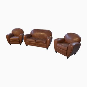 2-Seater Sofa and Club Armchairs in Faux Leather, 1980s, Set of 3
