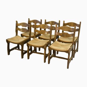 Stühle aus Eiche mit Sitz aus Stroh von Guillerme et Chambron für Votre Maison, 1950er, 6er Set