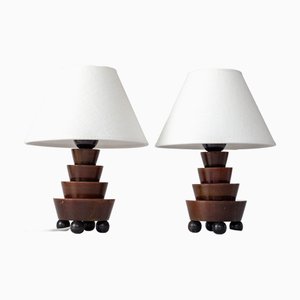 Art Deco Tischlampen aus Holz mit Kugelfüßen, 1930er, 2er Set