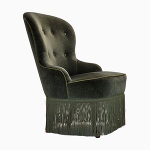 Sedia vintage in velluto verde e gambe in faggio, Danimarca, anni '70