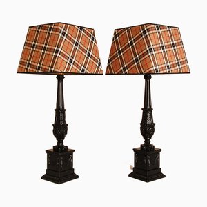 French Table Lamps with Black Tartan Lampshades, 1980s, Set of 2