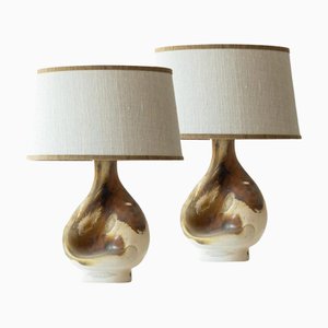 Organic-Shaped Ceramic Table Lamps with Ecru Lampshades attributed to R. Houben, 1960s, Set of 2