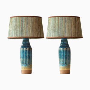 Sea Blue and Brown Ceramic Table Lamps with Lampshades attributed to R. Houben, 1970, Set of 2