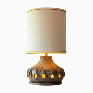 Brown Glazed Ceramic Table Lamp with Lampshade attributed to R. Houben, 1970s