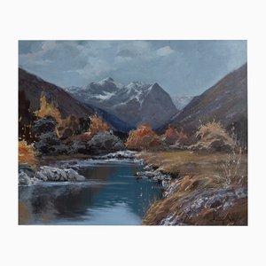 Mountain River Landscape, Oil Painting, Framed