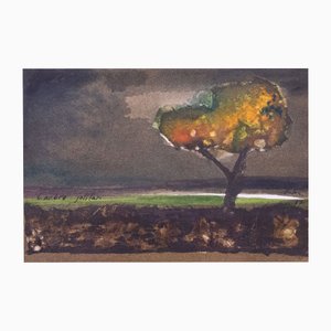Catalan Artist, Solitary Tree Landscape, Watercolor