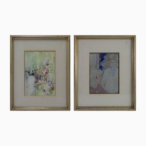 Carlos Cardella, Scène de Table Florale et Deux Femmes, Technique Mixte, Encadré, Set de 2