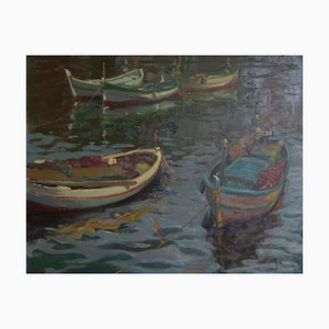 Josep Munné, Barche da pesca post impressioniste in porto, Dipinto ad olio