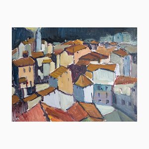 Artiste Cubiste, Toits de la Méditerranée, Peinture à l'Huile, Encadrée