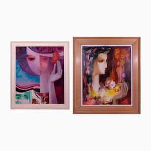 Lleo, Portraits de Femmes Stylisés, Peintures à l'Huile, Milieu du XXe Siècle, Set de 2