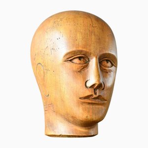 German Carved Wooden Milliner's Head, 1910s