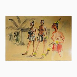 Paul Daxhelet, Femmes Primipares Centrafricaines, 1950s, Technique Mixte sur Papier