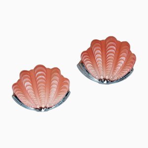 Art Deco Rose Pink Glass Clam Shell Wall Lights, 1920s, Set of 2