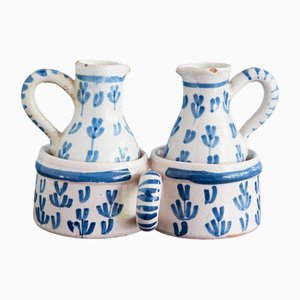 Set à Huile et Vinaigrette Bleu et Blanc de Nevers Faience, 18ème Siècle, Set de 2