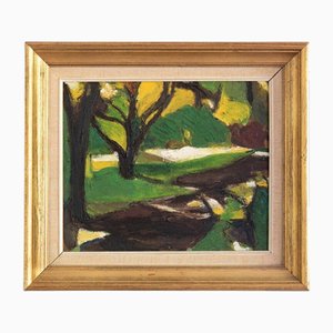 Peinture à l'Huile sur Toile, École Danoise, Scène de Parc, 1959, Encadrée
