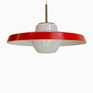 Lampada a sospensione rossa e opalina di Lyfa, Danimarca, anni '50