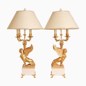 Ägyptische Bouilotte Lampen im Empire Stil mit Sphinxen aus Vergoldetem Holz & Marmor, 1980er, 2er Set