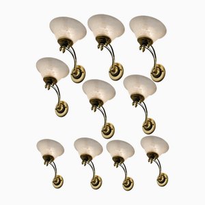 Large Vintage Italian Brass Murano Glass Sconces, 1970s, Set of 10