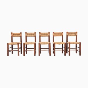 Chaises Vintage en Bois et Corde Tissée dans le style de Charlotte Perriand, Italie, 1970, Set de 5