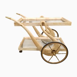 Italian Lacquered Goatskin Swan Bar Cart by Aldo Tura, 1960s