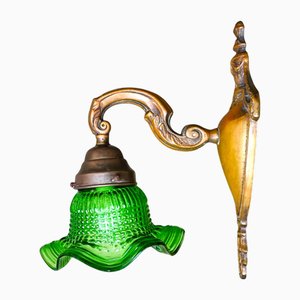 Applique Murale Tulipe en Verre Vert et Laiton Orné de Style Art Nouveau