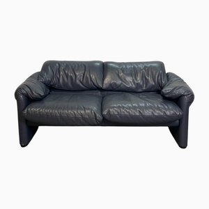 Divano a due posti Maralunga in pelle blu di Vico Magistretti per Cassina, anni '90